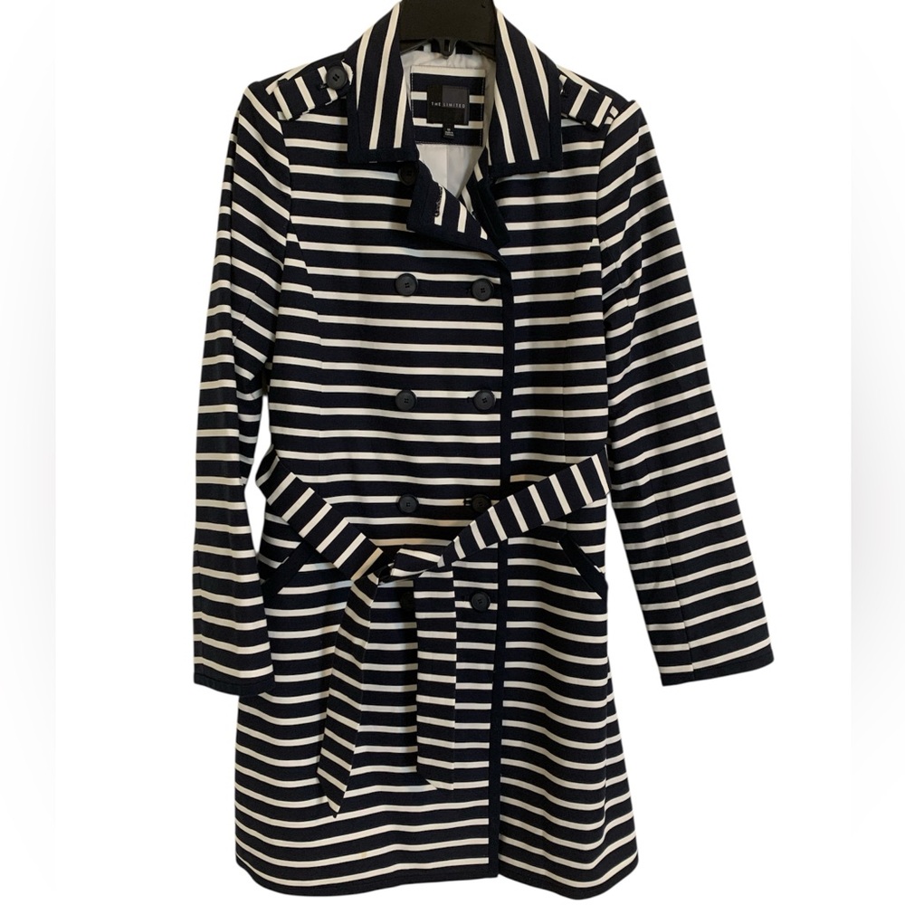 The Limited raincoat navy white striped trench medium lined nautical - Picture 5 of 12